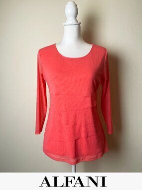 Alfani Coral Tiered Mesh Layered Blouse Sheer Sleeve Top | Small Size EUC